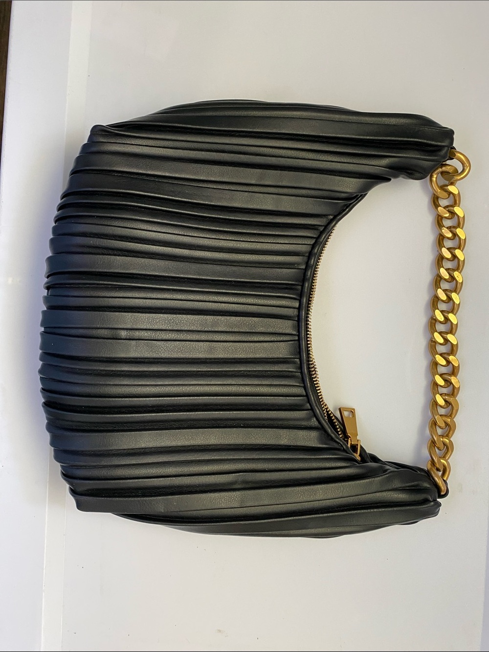 Black Pleated Shoulder Bag with Gold Chain Handle